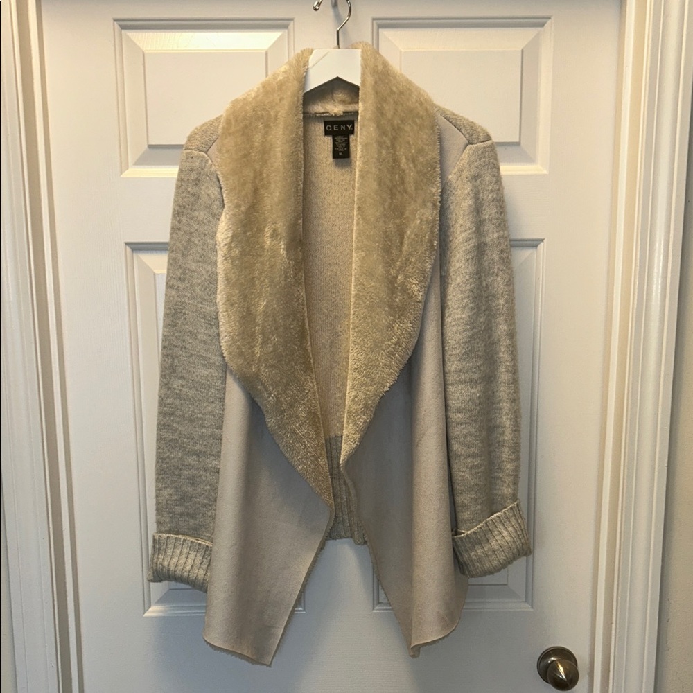 Light grey and cream faux fur cardigan perfect for layering